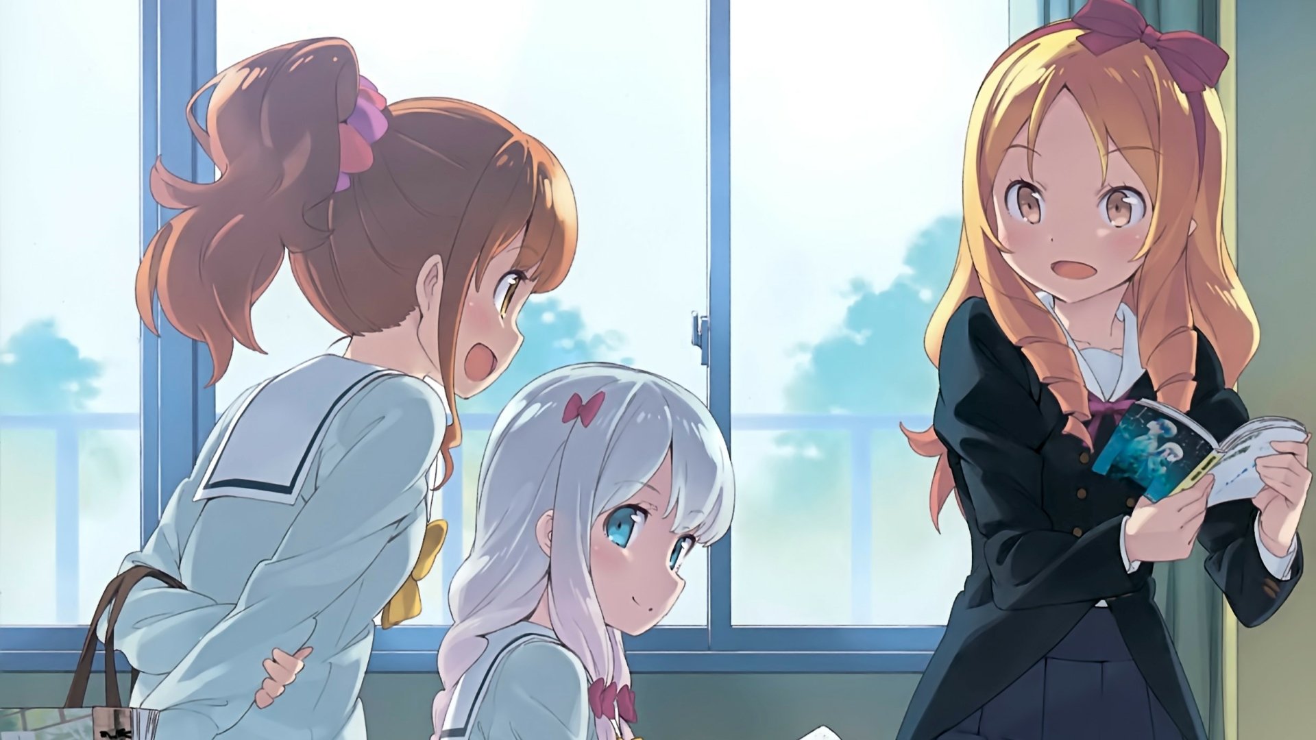 HD PC desktop wallpaper featuring Megumi Jinno, Elf Yamada, and Sagiri Izumi from the anime EroManga-Sensei in a bright classroom setting.