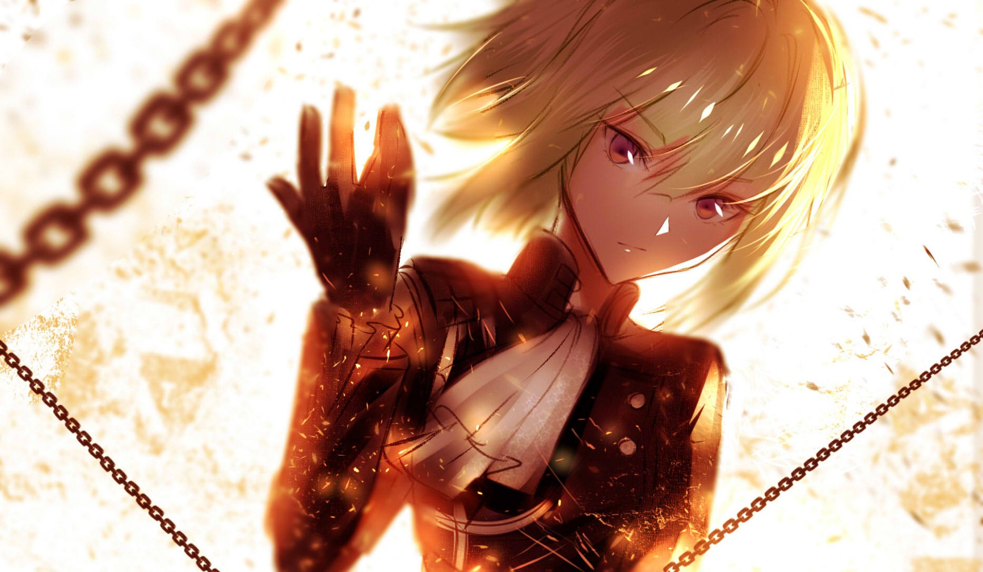 HD PC desktop wallpaper of a blonde anime character from Promare, glowing embers and chains, dramatic golden light, intense stare and outstretched hand.