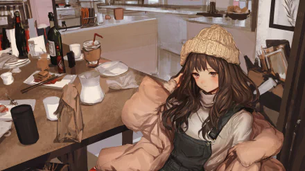 HD anime-style desktop wallpaper featuring a brown-haired character wearing a knitted hat and cozy jacket in a warm, detailed café setting.