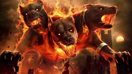 HD desktop wallpaper featuring Cerberus from Assassin's Creed Odyssey. The three-headed dog is depicted with fiery eyes and background, facing a warrior. Tags: Cerberus, Assassin's Creed, video game.
