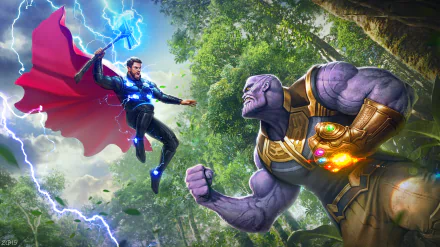 HD desktop wallpaper featuring Thor wielding lightning against Thanos wearing the Infinity Gauntlet, inspired by Avengers: Infinity War movie scenes.