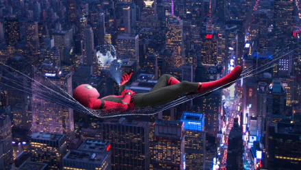 HD PC desktop wallpaper featuring Spider-Man relaxing in a web hammock above a cityscape, inspired by Spider-Man: Far From Home and Tony Stark's world.
