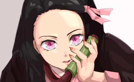 HD PC desktop wallpaper featuring Nezuko Kamado from the anime Demon Slayer: Kimetsu no Yaiba with her signature pink eyes and bamboo muzzle.