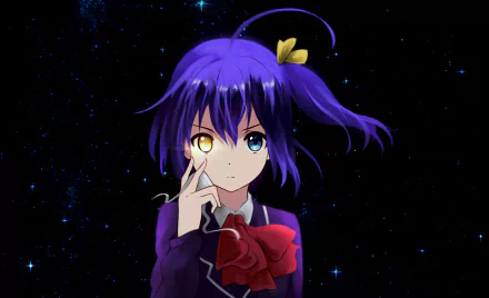 HD anime wallpaper featuring Rikka Takanashi from Love Chunibyo & Other Delusions with heterochromia, set against a starry night background.