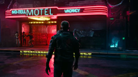 A cyberpunk-themed 4K Ultra HD PC wallpaper featuring a lone figure standing outside the neon-lit No-Tell Motel from the video game Cyberpunk 2077.