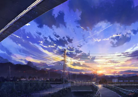 A stunning HD anime wallpaper featuring a vivid sunset sky with dramatic clouds and sunlight streaming across a serene landscape and power lines.