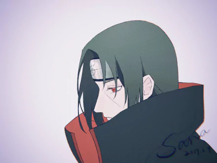 4K Ultra HD anime wallpaper featuring Itachi Uchiha from Naruto, showcasing his distinctive red eyes and dark cloak against a light background.