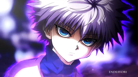 HD wallpaper featuring Killua Zoldyck from the anime Hunter x Hunter. The character stands against a vibrant background, with piercing blue eyes and white hair glowing under dramatic lighting.