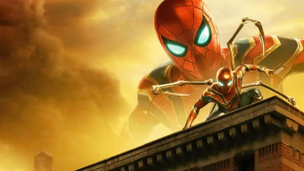 Spider-Man in his Iron Spider suit from Spider-Man: Far From Home, striking a dynamic pose atop a rooftop against a golden sky, presented as 4K Ultra HD wallpaper.