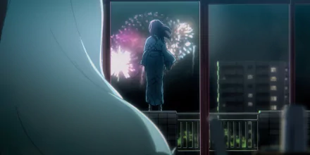 4K Ultra HD anime wallpaper featuring Shouko Nishimiya from A Silent Voice, silhouetted against vibrant fireworks viewed through a window at night.