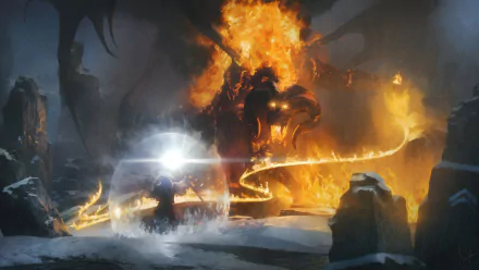 Gandalf confronts the fiery Balrog in this high-definition desktop wallpaper inspired by The Lord of the Rings, with a dramatic fantasy scene featuring intense fire and mystical energy.