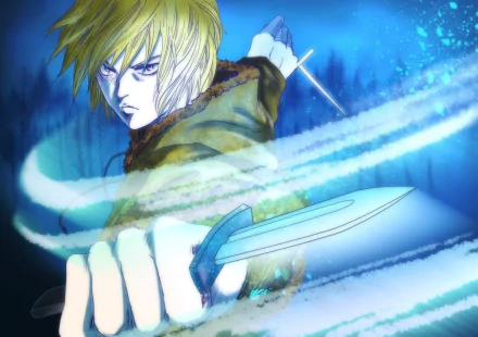 HD anime wallpaper featuring Thorfinn from Vinland Saga wielding a sword with dynamic blue energy swirls, set against a vibrant, action-packed background.