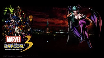 HD PC wallpaper for Marvel vs. Capcom 3: Fate of Two Worlds—Wolverine, Iron Man, Hulk, Captain America, Amaterasu and Morrigan Aensland posing over a dark city skyline.