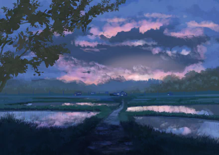 HD anime wallpaper featuring an evening countryside path, surrounded by reflective water fields and a tree, with a beautiful, colorful sky in the background.