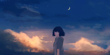 Anime-style HD PC desktop wallpaper featuring a girl with dark hair under a crescent moon and cloudy twilight sky in an original artistic design.