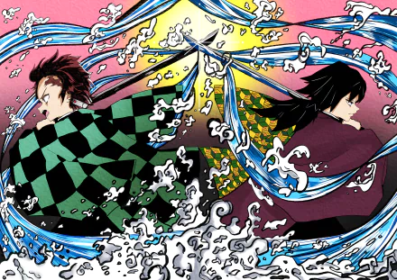 4K Ultra HD anime wallpaper featuring Giyuu Tomioka and Tanjiro Kamado from Demon Slayer: Kimetsu no Yaiba amidst swirling water effects.