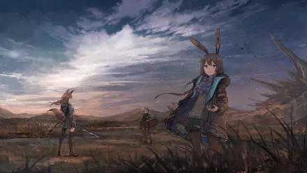 4K Ultra HD PC wallpaper from the video game Arknights featuring three characters standing in a vast, moody landscape under a dramatic cloudy sky.