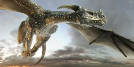 HD fantasy PC desktop wallpaper featuring a detailed dragon soaring against a cloudy sky.