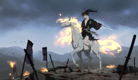 HD anime wallpaper featuring Hyakkimaru from Dororo, barefoot on a fiery white horse amid a smoky battlefield with scattered flags and burning embers.