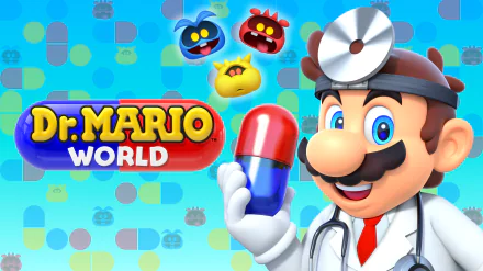HD PC desktop wallpaper featuring Dr. Mario from the video game Dr. Mario World, holding a red and blue capsule with virus characters floating in the colorful background.