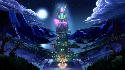 4K Ultra HD desktop wallpaper featuring the spooky, glowing hotel from Luigi's Mansion 3, set under a bright moonlit night with eerie clouds and mountainous surroundings.