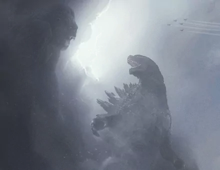 HD PC desktop wallpaper: Godzilla (MonsterVerse) and King Kong face off in a misty, backlit showdown — cinematic Godzilla vs. Kong movie scene.