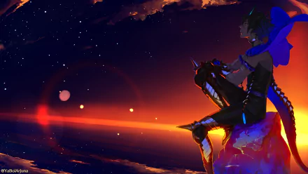HD PC desktop wallpaper featuring Arjuna (Alter) from Fate/Grand Order, set against a vibrant, starry night sky with glowing celestial elements.