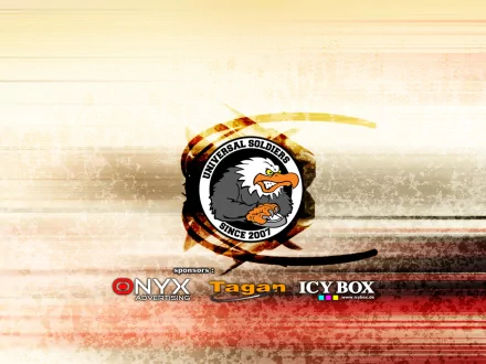 HD PC desktop wallpaper featuring the US Universal Soldiers emblem from the video game Counter Strike, with sponsor logos and a textured background.