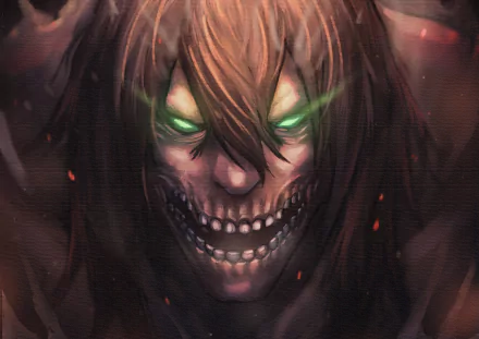 HD Anime wallpaper from Attack on Titan featuring a menacing Titan with glowing green eyes and a sinister grin.
