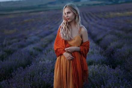 blonde orange dress depth of field woman model HD Desktop Wallpaper | Background Image