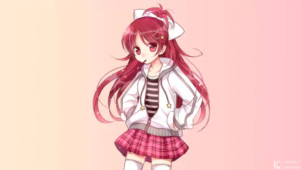 Anime-style HD desktop wallpaper of Kyōko Sakura from Puella Magi Madoka Magica, featuring her in a white jacket and pink plaid skirt against a soft pink background.