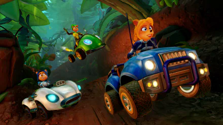 4K Ultra HD PC desktop wallpaper featuring vibrant characters racing through a jungle track from the video game Crash Team Racing.