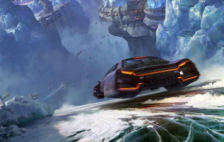 HD sci-fi desktop wallpaper featuring a futuristic vehicle racing across a snowy, icy terrain with floating structures in the misty background.