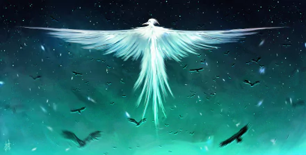 Luminous fantasy raven with outstretched wings soaring over a starry teal sky — 2K Quad HD PC desktop wallpaper/background.