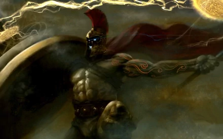 HD desktop wallpaper featuring Pantheon from League of Legends, depicted in his Targon setting with dramatic lighting and a combat-ready pose.