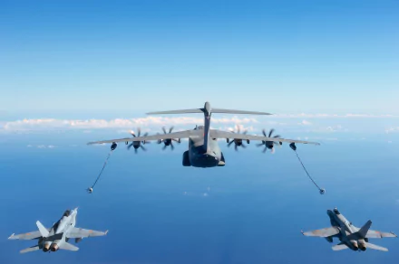 An Airbus A400M transport aircraft refueling two McDonnell Douglas F/A-18 Hornet jet fighters mid-flight over the ocean, captured in an HD military wallpaper.