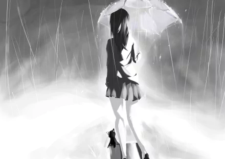 Black and white original anime 4K Ultra HD PC wallpaper: a girl with an umbrella and a small anime cat standing in pouring rain.