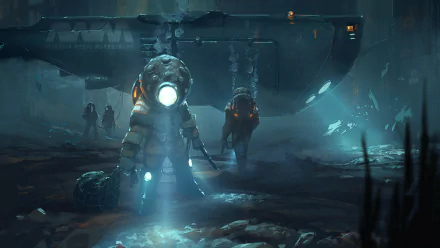 Underwater steampunk scene featuring a sci-fi submarine and divers exploring the ocean floor, rendered in high-definition for a PC desktop wallpaper.