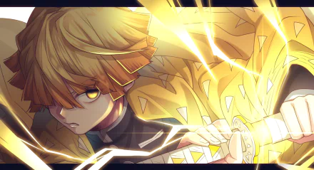 Zenitsu Agatsuma from Demon Slayer: Kimetsu no Yaiba, charging a lightning strike with his sword amid golden energy — 2K Quad HD PC desktop wallpaper.