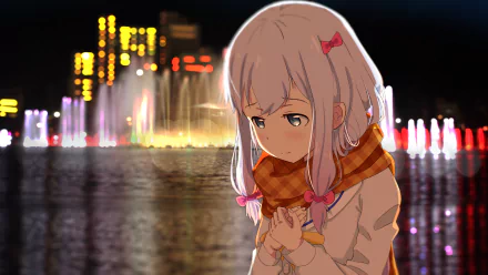 Sagiri Izumi from EroManga-Sensei is depicted in this 4K Ultra HD anime wallpaper, with a reflective cityscape and colorful fountains glowing in the background.