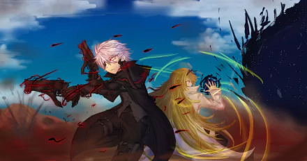 HD PC desktop wallpaper featuring Hajime Nagumo and Yue from the anime Arifureta Shokugyou de Sekai Saikyou in dynamic battle poses.