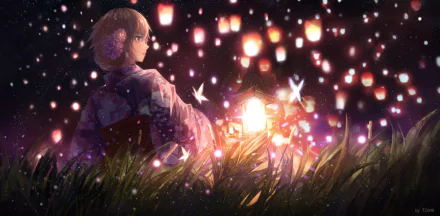 Anime HD wallpaper of Jeanne d'Arc from Fate/Grand Order in a kimono, holding a lantern surrounded by glowing fairies and floating lanterns at night.