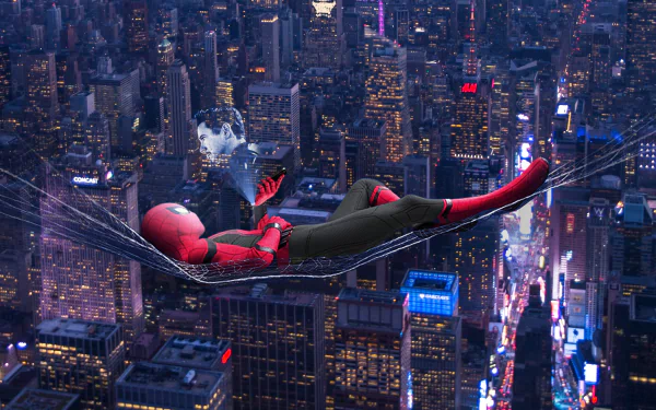 HD PC desktop wallpaper featuring Spider-Man relaxing in a web hammock above a cityscape, inspired by Spider-Man: Far From Home and Tony Stark's world.