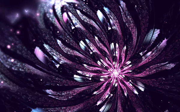 Purple artistic flower burst in 4K Ultra HD, swirling petal textures with glittering highlights — abstract PC desktop wallpaper and background.