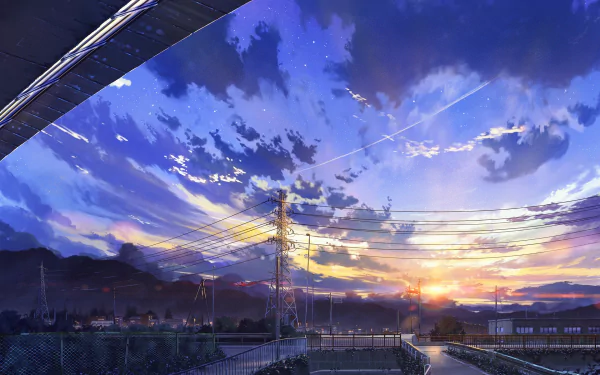 A stunning HD anime wallpaper featuring a vivid sunset sky with dramatic clouds and sunlight streaming across a serene landscape and power lines.