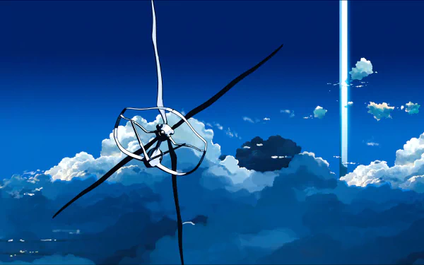 Anime scene from The Place Promised In Our Early Days featuring a futuristic flying machine against a vivid blue sky with clouds and a beam of light, rendered in 8K Ultra HD.