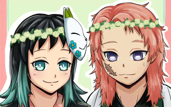 HD anime desktop wallpaper featuring Makomo and Sabito from Demon Slayer: Kimetsu no Yaiba, both wearing flower crowns and smiling against a pastel background.