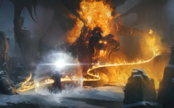 Gandalf confronts the fiery Balrog in this high-definition desktop wallpaper inspired by The Lord of the Rings, with a dramatic fantasy scene featuring intense fire and mystical energy.