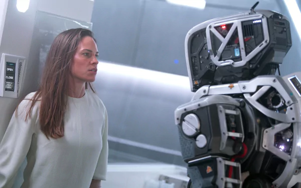Hilary Swank confronts a robotic figure in a scene from the movie I Am Mother. This HD desktop wallpaper captures a tense moment in a futuristic setting.