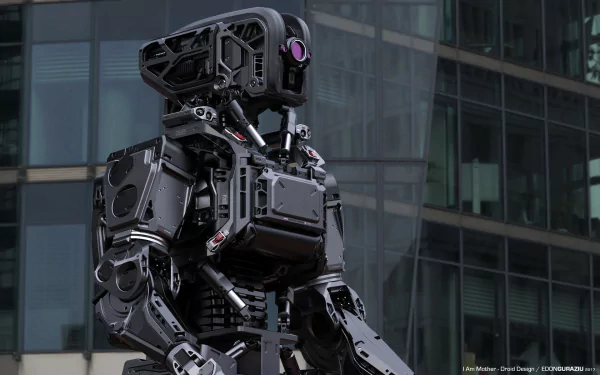 HD desktop wallpaper featuring a robot from I Am Mother set against a backdrop of modern buildings.